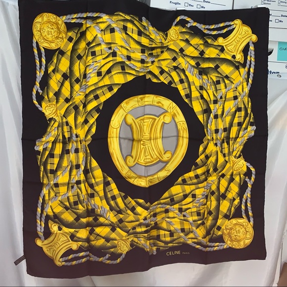 CELINE gold/black tartan plaid SILK TWILL scarf signature MACADAM logo at center - Picture 3 of 11